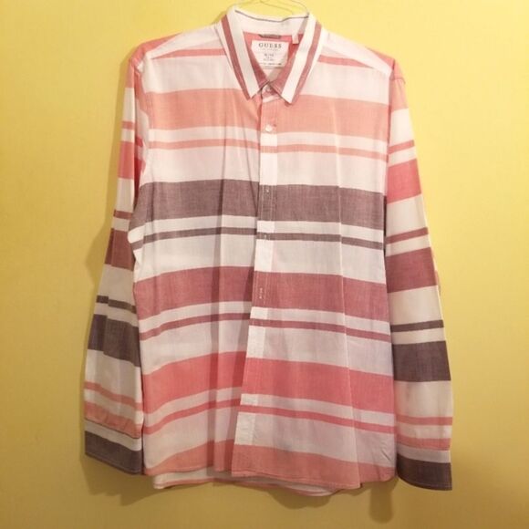 Guess Slim Fit Striped Button Up Dress Shirt Work Career Size XL - Picture 2 of 9